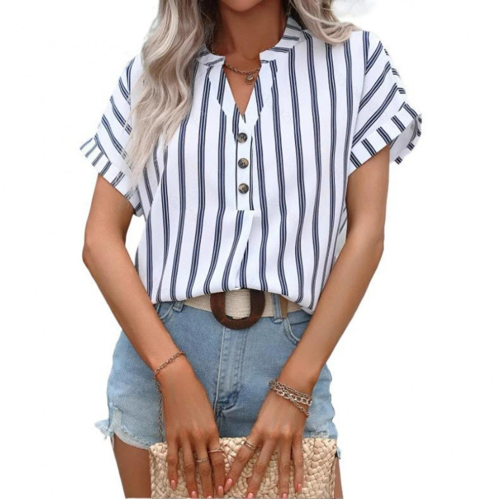 ZARA Women Summer Casual Striped Button Down Collar Loose Short Sleeve Shirt